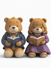Obraz premium Two adorable bear figurines sit side by side, both reading books, showcasing a cozy, whimsical charm in a colorful, playful design.