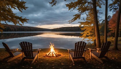 A serene lakeside scene at dusk, A serene lakeside scene at dusk with a cozy campfire surrounded by four Adirondack chairs. 