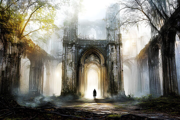 Obraz premium Mysterious figure exploring ancient ruins illuminated by soft light in tranquil forest setting