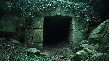 International Day for Monuments and Sites Mysterious ancient stone entrance overgrown with vines in a dense forest
