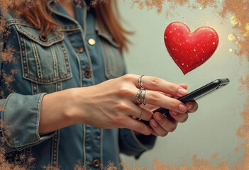 a hand holding a modern phone, heart social media badge, generated via ai