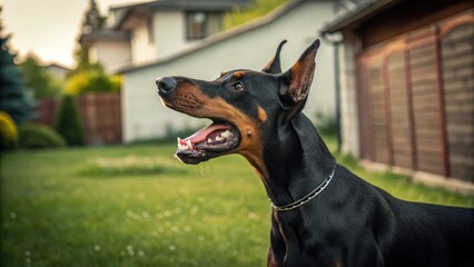 Doberman mid-bark, showcasing its powerful presence