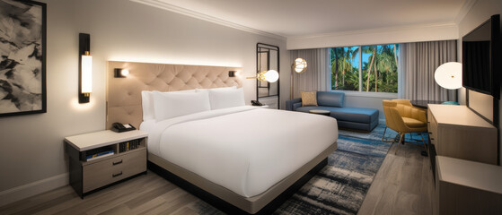 guest room featuring a velvet-upholstered bed in deep green, gold-accented nightstand
