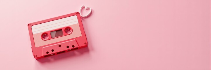 Obraz premium Pink cassette tape with a heart shape resting on a pale pink background, representing love and retro music.