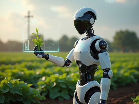 Robot farmer analyzing plant health in a vibrant field during late afternoon with technology overlay displaying data - Powered by Adobe