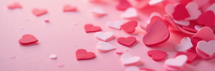 Obraz premium Soft pink and white heart shapes scattered on a pink surface, evoking love, romance and a delicate holiday feel, perfect for romantic occasions or valentine's day promotions.