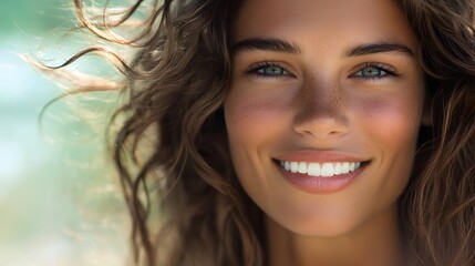 Fototapeta premium Woman with soft natural curls and smooth skin smiling
