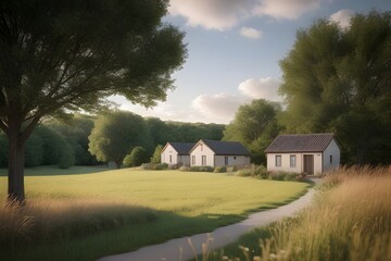 Obraz premium Countryside scenery Green valley with fields and small houses, a narrow path through the grass