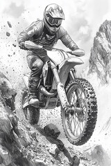 Naklejka premium A motorcyclist rides his motorcycle on an off-road track in the mountains. He performs jumps with sharp turns over large rocks.