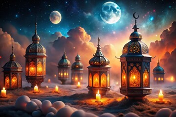 Fototapeta premium Ramadan Kareem: Surreal Glow of Festive Hanging Lamps