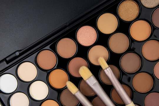Cosmetic palette with a variety of neutral shades and makeup brushes in an organized layout for beauty enthusiasts and professionals