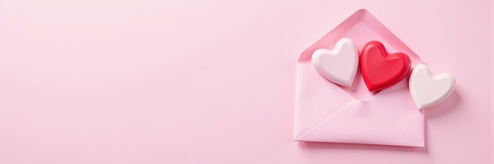 Fototapeta premium Open pink envelope with red and white hearts, romantic love message, Valentines or romance symbol, light and gentle tones