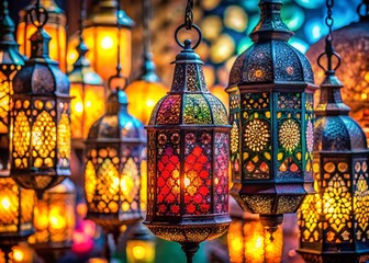 Obraz premium Ramadan Lantern Festive Backgrounds: Islamic Holiday Decor, Golden Lights & Intricate Patterns