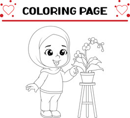 little girl is looking beautiful orchid pots coloring page for kids