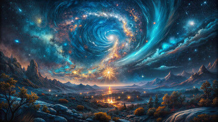 Galactic swirl with glowing stars in a cosmic night landscape