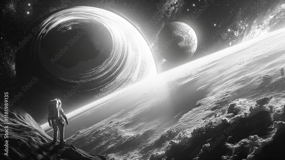 Wall mural distant planets and a swirling black hole in outer space landscape with astronaut. generative ai