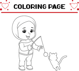 little girl is holding cat toy cat is trying catch ball coloring page for kids