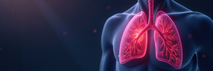 Glowing human lungs detailed with delicate branching highlighted in vibrant red, on a dark background, healthcare concept