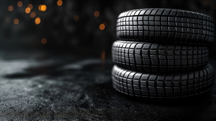 Four black car tires on black background with empty copy space for advertisements. Generative AI