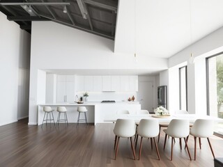 Modern white kitchen with a sleek bar area and a large dining table surrounded by stylish chairs, minimalistic, open concept