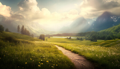 Obraz premium Serene Mountain Meadow Path Landscape Scene