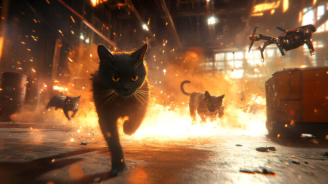 A team of cats with superpowers battling an army of menacing drones in an abandoned warehouse, with beams of light and sparks filling the air 