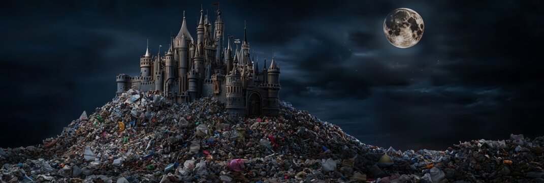 Intricate Castle Constructed from Layers of Waste against Moonlit Sky