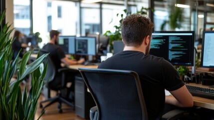 Modern office workspace with software developers working collaboratively on multiple computer screens