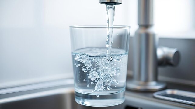 Modern water tap filling glass with purified water in close-up shot, fresh, liquid