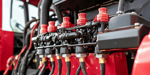 Fototapeta premium A detailed close-up of an industrial engine, featuring red and black components, hoses, and metallic connectors, highlighting mechanical precision and engineering.
