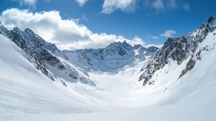 Fototapeta premium Majestic snowy mountain landscape under blue sky in winter season