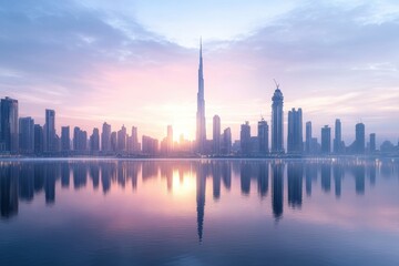 Obraz premium Majestic skyline view of Dubai at sunrise with reflections on the calm water