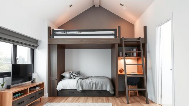 Modern studio apartment with clever space-saving solutions, including a loft bed, sliding doors, and built-in storage, modern, small living spaces
