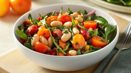 Fresh mediterranean bean salad with cherry tomatoes and spinach - healthy recipe inspiration