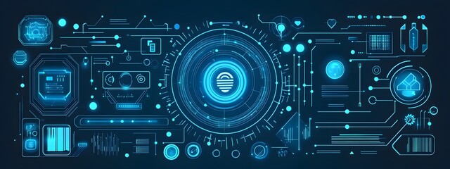 Fototapeta premium Blue background with futuristic circular technology elements and circuit board patterns