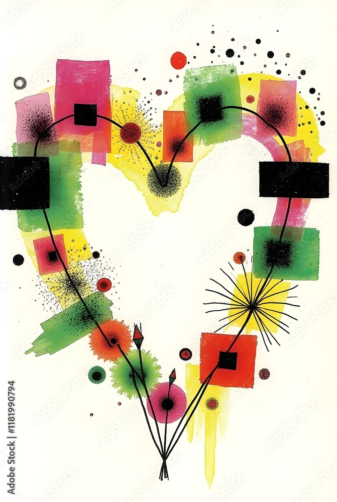 Poster an abstract heart shape formed by a dynamic interplay of lines, shapes, and colors, creating a vibra