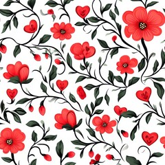 Vibrant Floral Pattern with Red Flowers and Green Leaves on a White Background for Textile Design