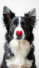 Fototapeta premium Close up of a cute black and white Border Collie dog with a red heart on its nose. Loving pet with a romantic look on a bright white background.