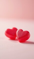 Fototapeta premium Two red heart shaped candies on a light pink background, representing love and romance, perfect for Valentines Day or wedding invitations.