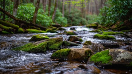 Obraz premium Tranquil forest stream with mossy rocks in lush green woodland setting