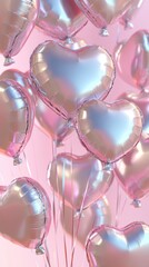 A cluster of shiny metallic heart-shaped balloons with reflective surfaces, floating gracefully against a soft pink background.
