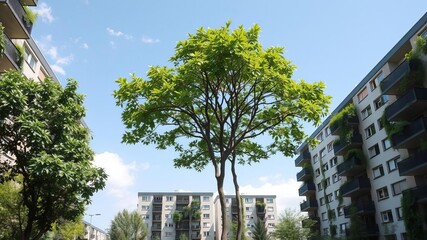 Modern residential building surrounded by lush green trees, blending nature and modernity seamlessly in a harmonious eco architecture setting, green, harmony