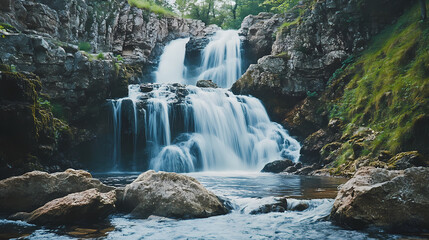 Naklejka premium Majestic waterfall cascading down rocky cliffs. Brightwater. Illustration