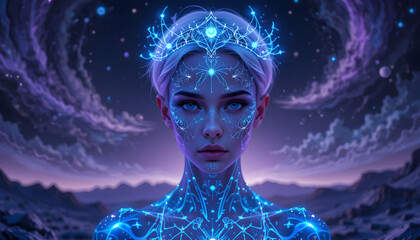 Celestial queen with glowing patterns on her skin and crown.