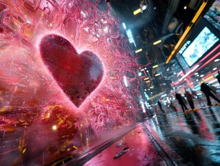 A holographic projection of a heart in the rain, surrounded by AI-generated data streams, sci-fi, neon lights, digital painting.