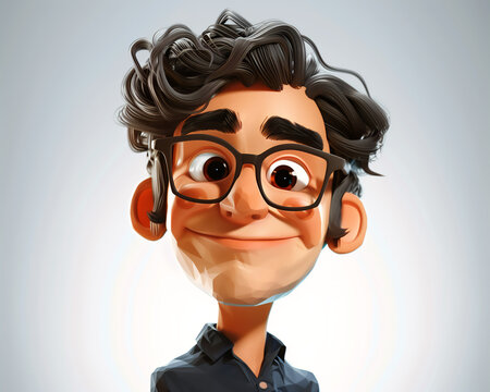 Cartoon Character Smiling - 3D Illustration of a Happy Young Man with Glasses and Curly Hair for Animation and Design Projects