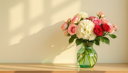 Obraz premium Elegant fresh flower bouquet with roses and chrysanthemums in a green glass vase on a wooden shelf with soft sunlight casting shadows, perfect for romantic Valentines Day or Mothers Day concept.