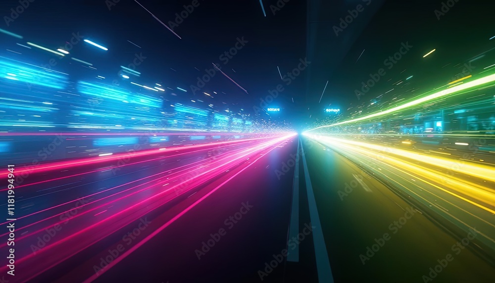 Poster Futuristic light beams and glowing trails in motion creating a tunnel effect with speed lines