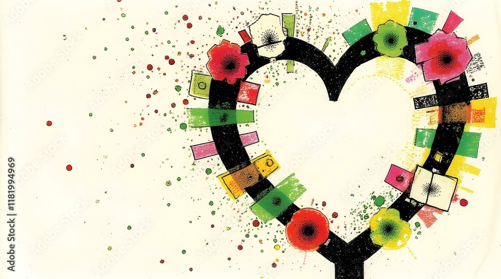 Poster An abstract heart shape formed by a dynamic interplay of lines, shapes, and colors, creating a vibrant and energetic composition.