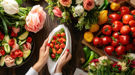 vibrant vegan dinner with colorful vegetables and flowers